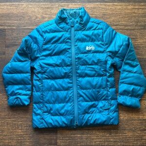 Kid's REI Jacket Blue Solid XXS Puffer Zip Outdoor Poly Rain Hike Hippy STAINED